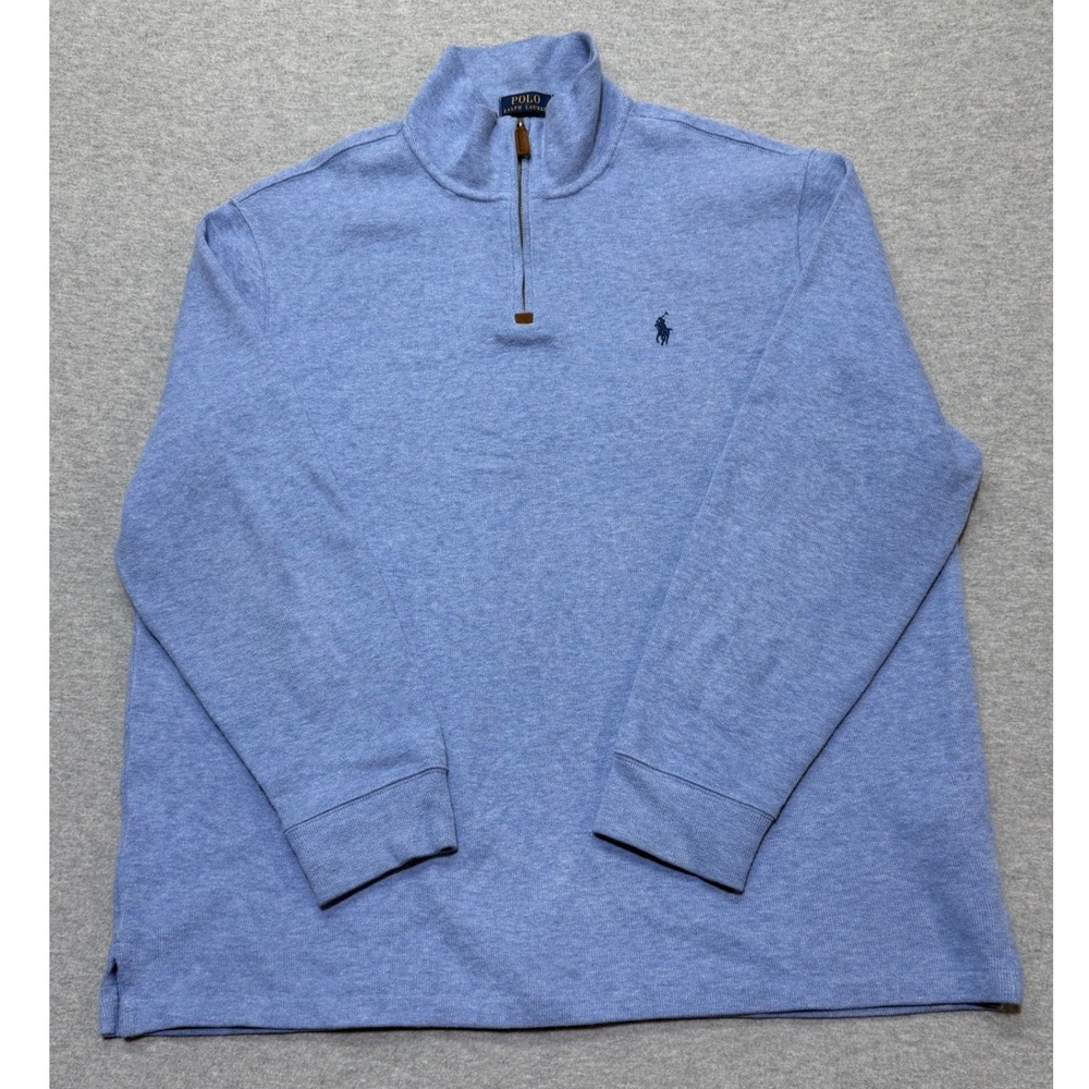 Polo Ralph Lauren Mens XXL Light Blue Heather Heavy Cotton Quarter Zip Pullover